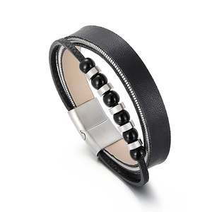 Men's multilayer black leather bracelet with silver steel beads and magnetic clasp