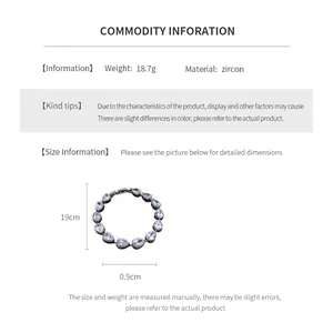 Size chart for zircon drop bracelet showing 19cm length and 18.7g weight specifications