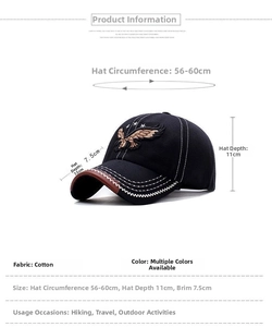 Detail showing embroidered eagle on black cotton baseball cap with 7.5cm brown brim