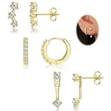 Detailed set of three gold-plated earrings with clear zircons and model wearing view