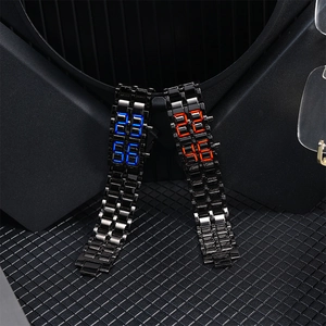 Macro view of dual LED lava watches with blue and red digital display on black metal bands
