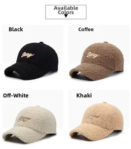 Detail of four fuzzy lambswool baseball caps in black, brown, cream and khaki with Sany embroidery
