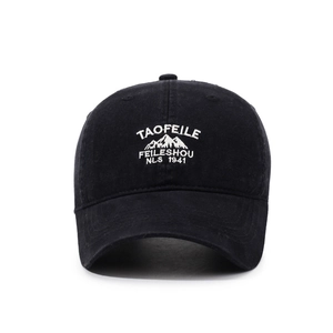 Vintage black washed cotton baseball cap with white mountain embroidery for outdoor sports