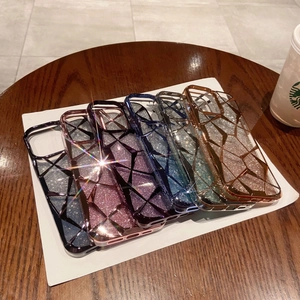 Detailed display of electroplated geometric glitter phone cases in six vibrant colors
