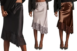 Detailed comparison of satin skirts with lace hem in black, silver gray, and brown colors