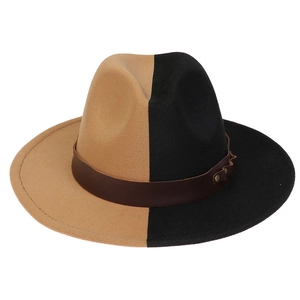 Detail of two-tone khaki and black wool fedora hat with brown leather decorative band