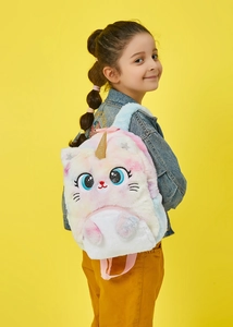 Detail view of pink and blue plush unicorn cat backpack with sparkly eyes for kids