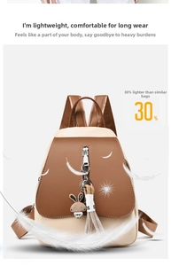 Detail of a brown and white leather backpack with vertical zipper and cute rabbit pendant