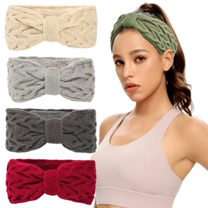 Winter Warm Knit Headband Fleece Lined Bow Cable Knit Ear Warmer Elastic Hair Band For Women