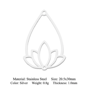 Silver lotus teardrop pendant in stainless steel with detailed product dimensions