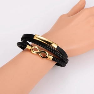Bracelet multicouche en cuir tressé noir avec symbole infini doré pour hommes