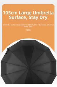 Large black folding umbrella with 105cm diameter canopy for 1-2 people coverage