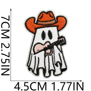 Close-up of Halloween ghost patch with orange cowboy hat and guitar, size measurement included