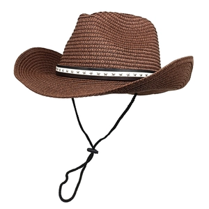 Detail of dark brown denim straw hat with black leather strap and silver star studs
