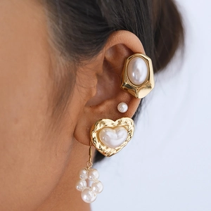 Vintage Heart Shaped Faux Artificial Pearl Earrings Stainless Steel Geometric Stud Jewelry For Women Daily Wear Commute