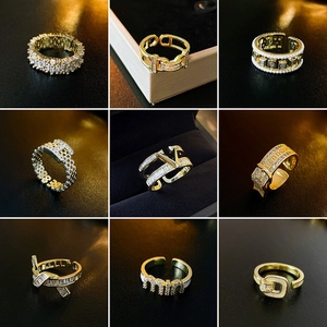 Fashion Adjustable Open Rings Gold Plated Brass With Cubic Zirconia And Faux Artificial Pearl Geometric Shell Inlay Jewelry For Women