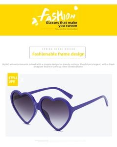 Detail of purple heart-shaped sunglasses featuring high-quality metal spring hinge design