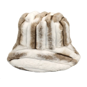 Winter faux fur bucket hat with beige and brown stripes, soft plush material for warmth