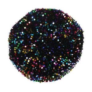 Top view of a black velvet beret hat featuring shimmering multicolored sequins detail
