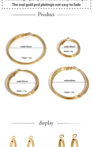 Size chart for golden stainless steel hoop earrings showing four diameters and weights