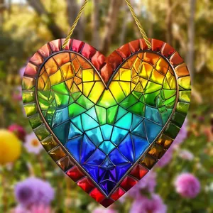 Rainbow mosaic heart tree of life suncatcher hanging on a gold cord for garden decor