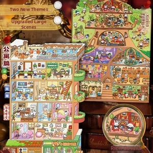 Detailed views of 3D miniature animal house stickers in apartment and forest themes
