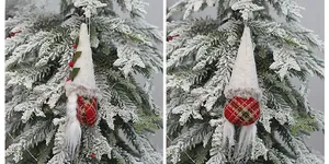 Detail showing the side and back of a plush Christmas gnome with red plaid and white hat
