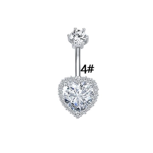 Macro shot of silver heart-shaped belly button ring with zirconia inlay and 4# code