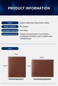 Detailed size comparison and specifications for slim PU leather men's wallet in four colors