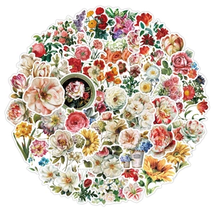 Detail showing a variety of vintage floral stickers with rose and sunflower patterns