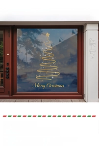 Golden Christmas tree window decal with Merry Christmas text on glass store front