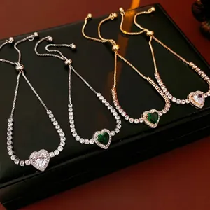 Heart Shaped Cubic Zirconia Bracelet Adjustable Bolo Slider Clasp Copper Jewelry For Women Elegant Tennis Chain Design