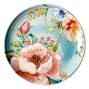 9-inch round ceramic dinner plate with watercolor floral pattern and blue rim