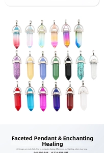 Detailed grid of nineteen assorted hexagonal prism stone pendants with silver metal loops