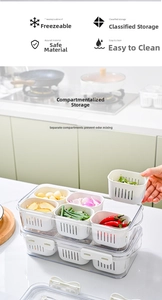 Kitchen organizer with clear outer box and white straining baskets for food storage