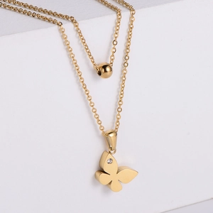 Two-layer gold titanium steel necklace featuring a butterfly pendant and round beads