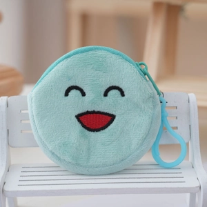 Blue plush round coin purse with cartoon smile face embroidery and plastic clip hook
