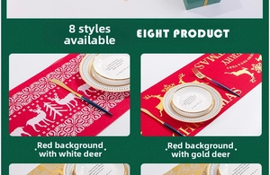 Detailed view of Christmas table runners with reindeer and Merry Christmas print patterns
