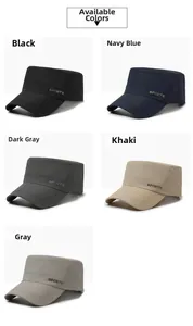 Detail shot of breathable flat top caps in five colors with side sports embroidery