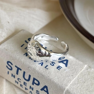 Irregular 925 sterling silver open ring with unique lava texture on incense box
