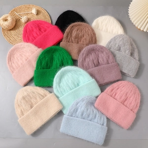 Chic cable-knit angora wool beanies for women in multiple colors with thick folded cuffs