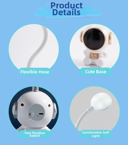 Detail view of astronaut lamp showing DC charging port, dual switch and flexible neck hose