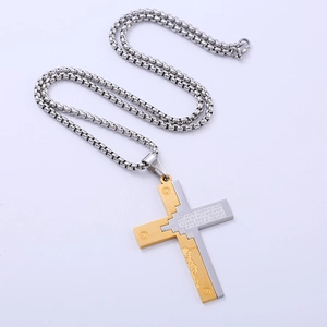 Two-tone stainless steel cross necklace with engraved Spanish Lord's Prayer text