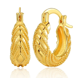 18K gold plated hoop earrings with textured woven chevron patterns and secure clasps