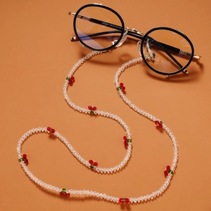 Handmade beaded cherry glasses chain with red crystal cherries and clear acrylic beads