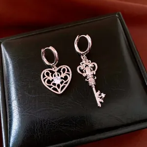 Asymmetric Heart Key Drop Earrings Copper Zircon Hollow Vintage French Luxury Elegant Jewelry For Women