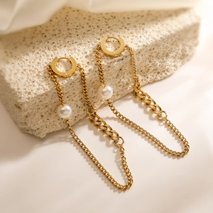 Gold Plated Stainless Steel Dangle Earrings With White Artificial Pearl Long Chain Tassel Cuban Link For Women Fashion Jewelry