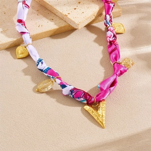Floral print silk scarf necklace with golden heart and geometric metal pendants