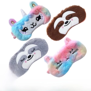 Detailed collection of four plush cartoon sleep eye masks featuring unicorn and cat designs