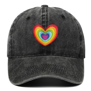 Washed black cotton baseball cap with colorful rainbow heart embroidery on front